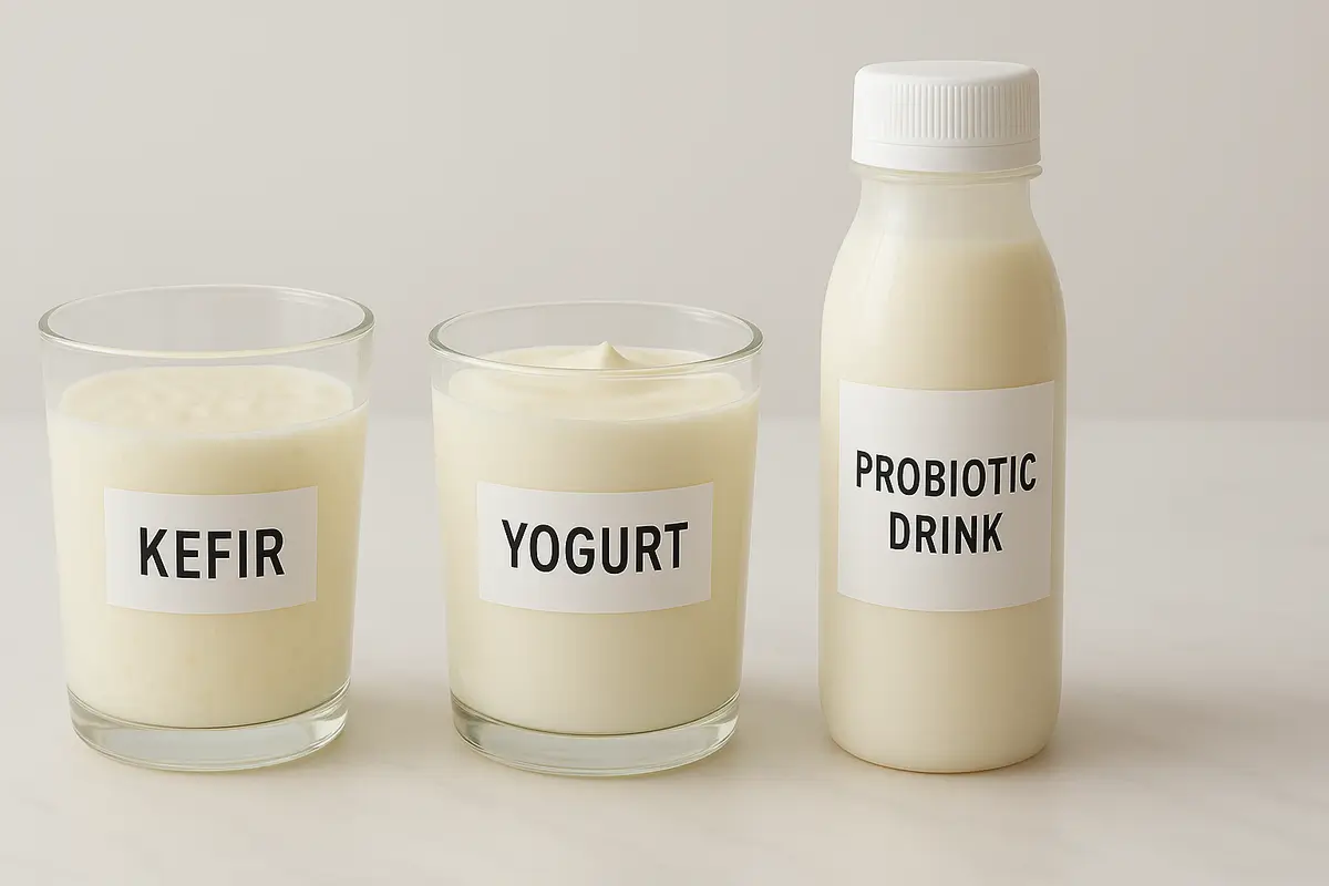 Comparação visual entre kefir artesanal, iogurte natural e bebida probiótica - diferenças entre produtos fermentados tradicionais