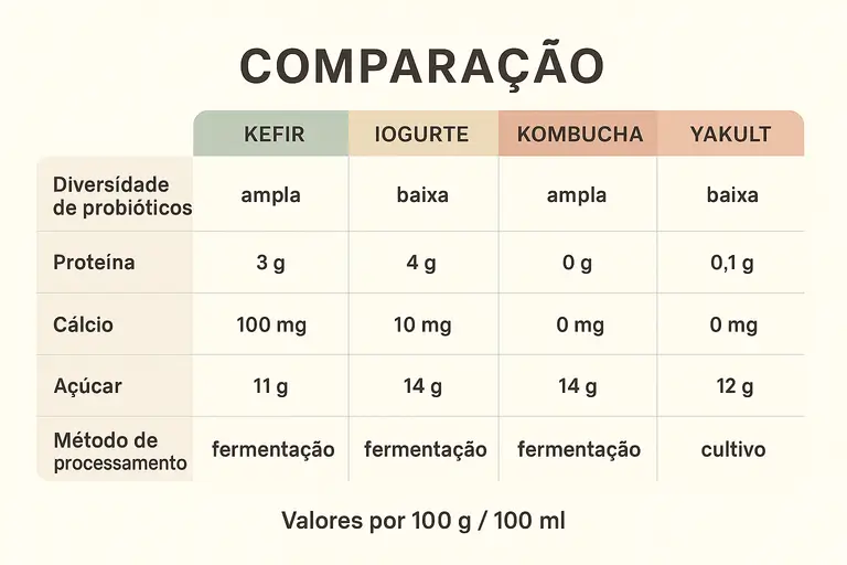 Tabela nutricional comparativa kefir versus kombucha - proteínas, cálcio, probióticos e composição de bebidas fermentadas