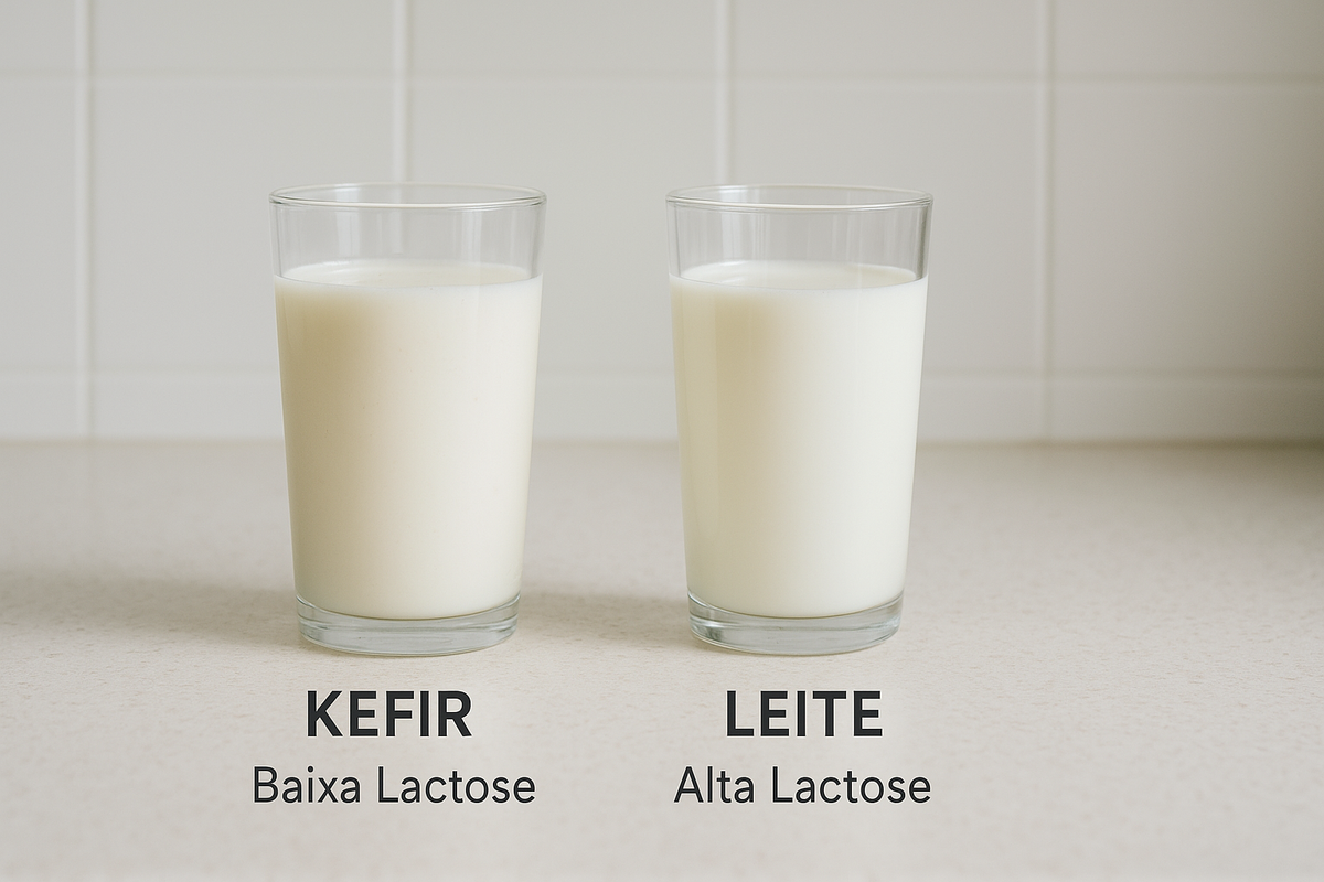 Comparação visual entre kefir com baixa lactose e leite comum com alta lactose - opção segura para intolerantes à lactose em Brasília