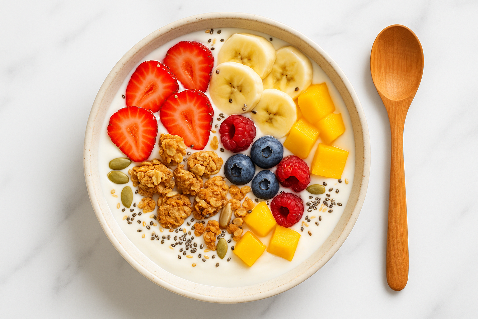 Bowl kefir com morangos, banana, manga, frutas vermelhas, granola artesanal e sementes chia sobre tigela bege - café da manhã nutritivo e colorido