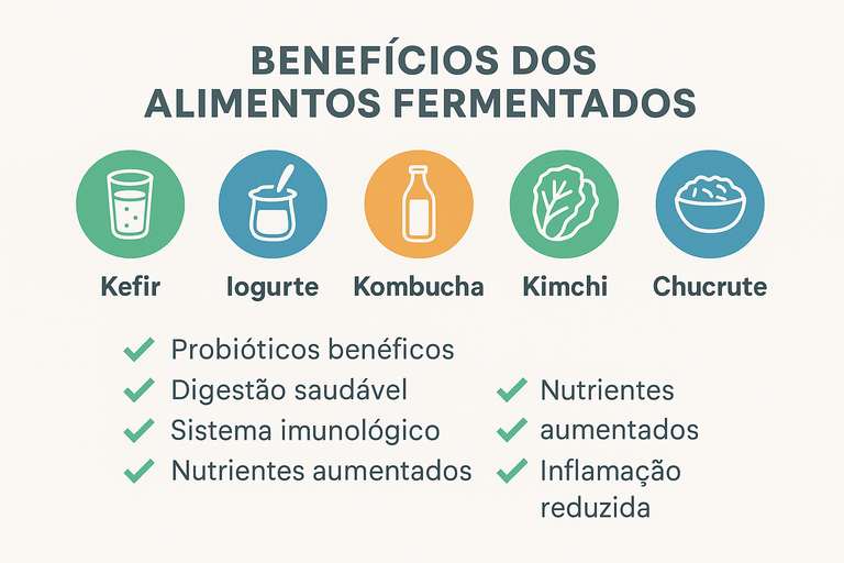 Comparação de alimentos fermentados probióticos: kefir, iogurte, kombucha, kimchi e chucrute - benefícios para digestão e sistema imunológico