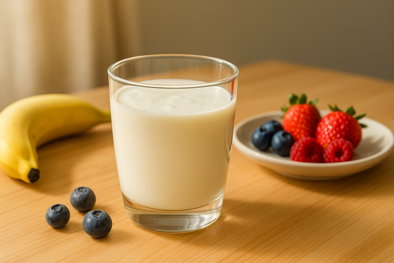 Copo de kefir artesanal natural com banana e frutas vermelhas frescas - forma saudável de consumir probióticos diariamente em Brasília