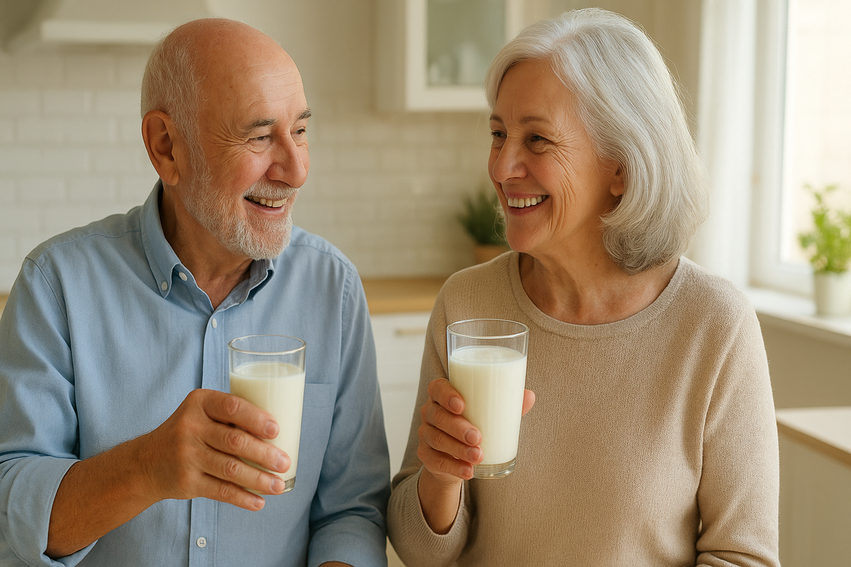 Casal idosos brasileiros felizes cabelos grisalhos sorrindo bebendo kefir copos vidro cozinha luminosa - envelhecimento saudável bem-estar terceira idade nutrição probiótica
