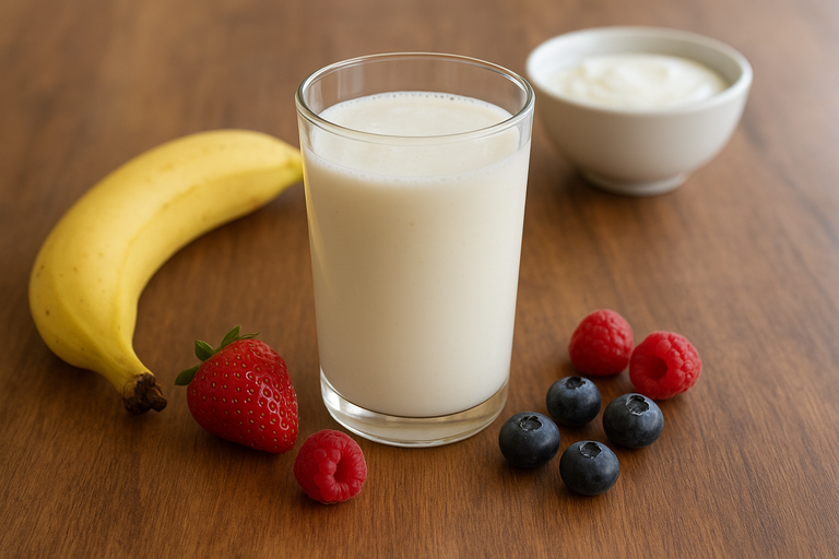 Copo vidro kefir cremoso branco mesa madeira com banana madura morangos framboesas mirtilos frescos tigela fundo - lanche nutritivo saudável idosos probiótico natural vitaminas