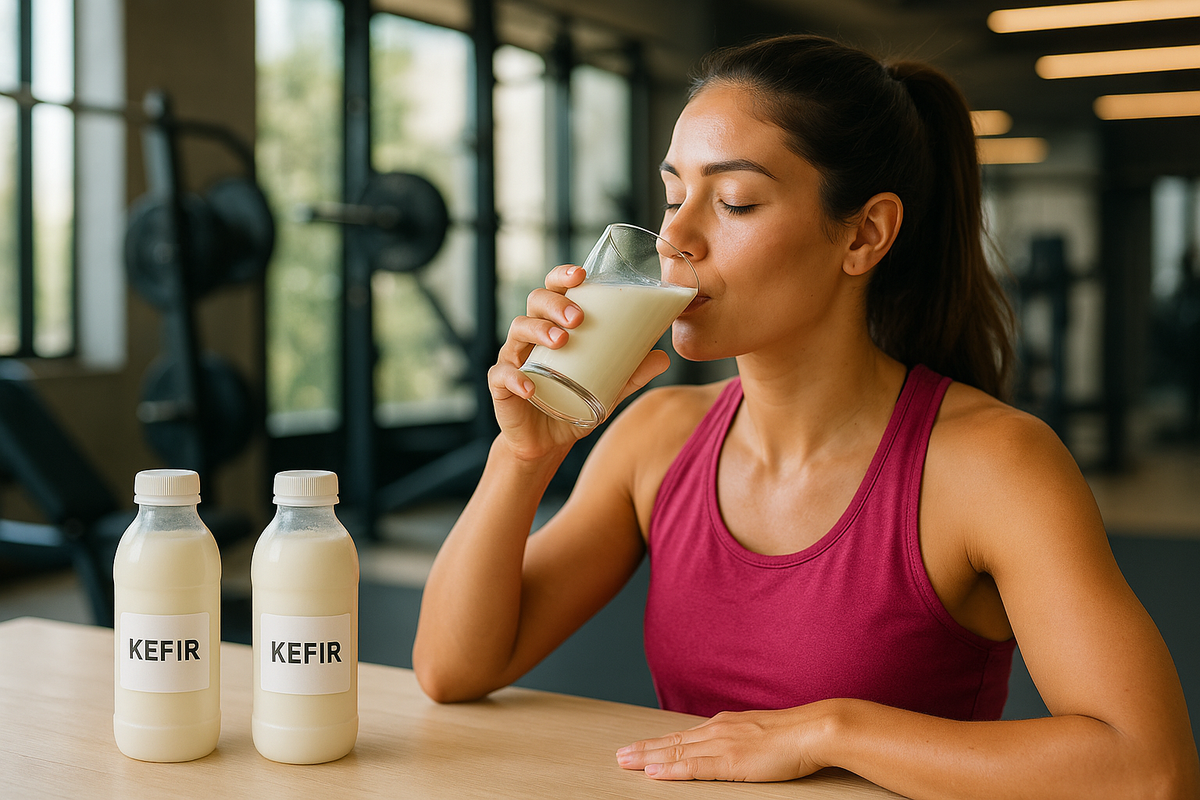 Atleta brasileira mulher roupa fitness rosa bebendo kefir copo academia garrafas kefir mesa - nutrição esportiva natural probiótica recuperação pós-treino saudável