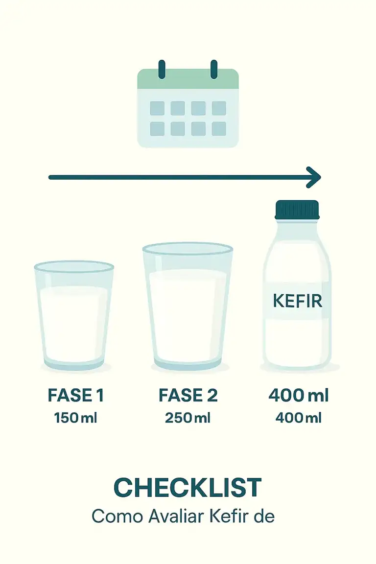 Infográfico implementação gradual kefir atletas: fase 1 150ml adaptação, fase 2 250ml otimização, fase 3 400ml manutenção - protocolo progressivo calendário checklist avaliação