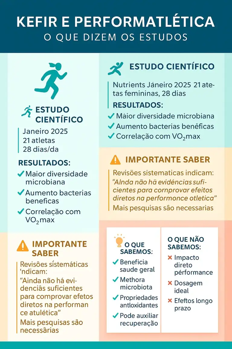 Infográfico kefir performance atlética: estudo científico janeiro 2025 resultados diversidade microbiana, revisões sistemáticas evidências limitadas - o que sabemos não sabemos