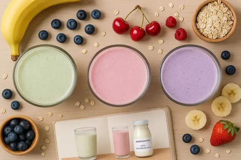 Três smoothies kefir para atletas verde banana, rosa frutas vermelhas, roxo mirtilos com frutas frescas aveia tigela - receitas pré pós-treino recuperação natural