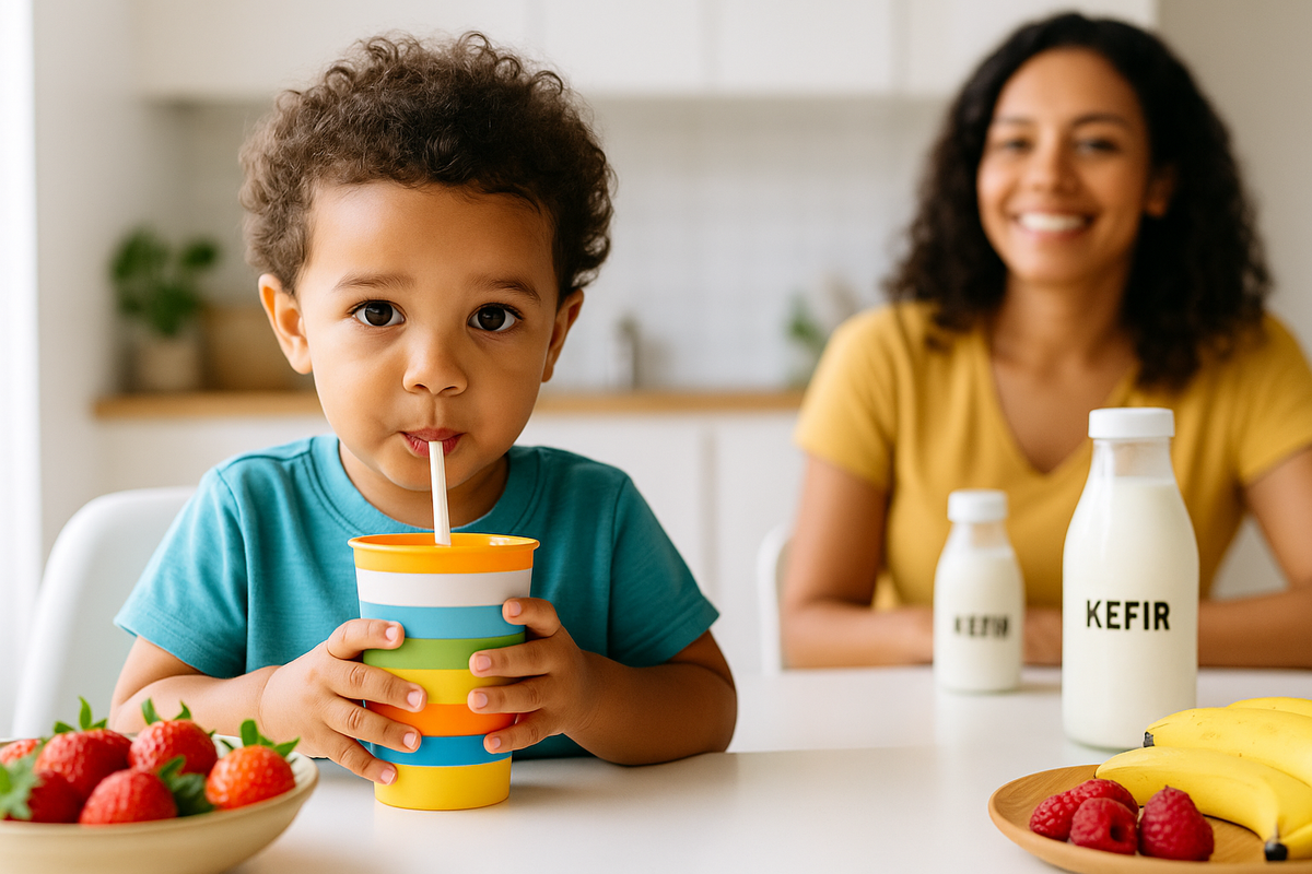 Criança brasileira sorridente bebendo smoothie kefir em copo colorido listrado, frutas frescas morangos bananas garrafas kefir mesa - alimentação saudável infantil