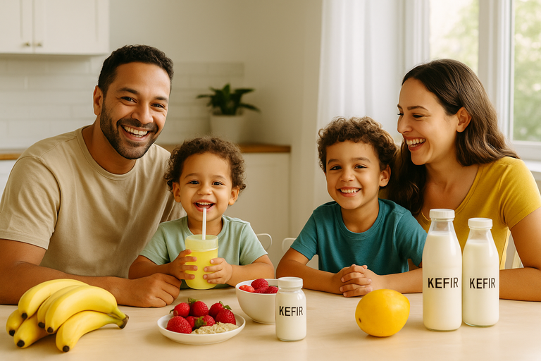 Família brasileira feliz pais duas crianças mesa cozinha com smoothie kefir colorido frutas frescas morangos bananas garrafas kefir - alimentação familiar saudável