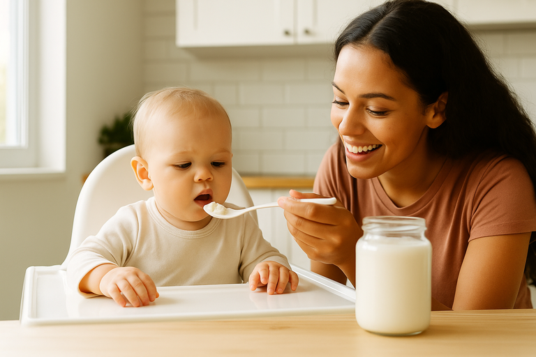 Mãe brasileira sorridente dando colher kefir bebê pequeno sentado cadeira alimentação cozinha luminosa pote vidro - introdução alimentar gradual segura amorosa cuidadosa