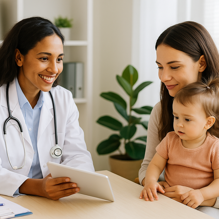 Pediatra mulher sorridente consultório com mãe segurando bebê pequeno orientação médica tablet - consulta pediátrica introdução alimentar kefir segura profissional