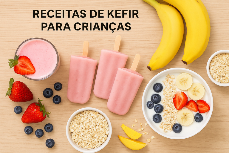 Receitas kefir para crianças: picolés probióticos rosa, smoothie frutas vermelhas copo, mingau aveia tigela com morangos mirtilos bananas - sobremesas saudáveis infantis
