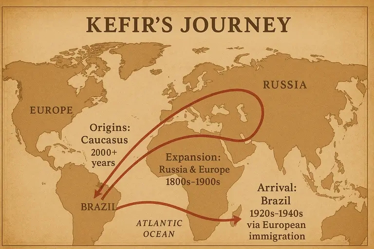 Mapa histórico da jornada do kefir: origem no Cáucaso há 2000 anos, expansão Rússia e Europa 1800s-1900s, chegada ao Brasil 1920s-1940s