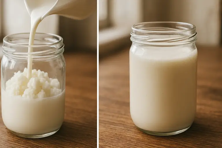Processo de fermentação natural do kefir em 24 horas - antes adicionando leite aos grãos e depois kefir pronto cremoso e probiótico