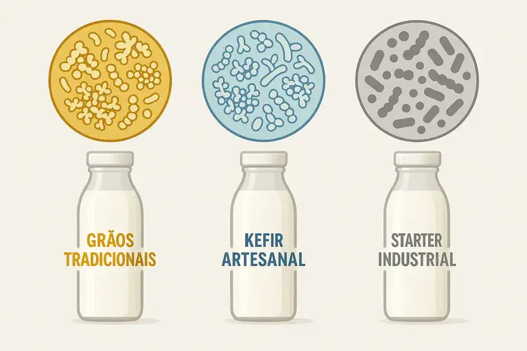 Três garrafas kefir ilustradas: grãos tradicionais 50-100 cepas, artesanal 50-100 cepas, starter industrial 4-18 cepas - diferença diversidade probiótica