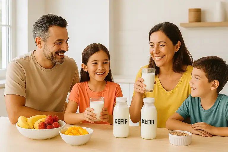 Família brasileira feliz pais duas crianças bebendo kefir natural em copos cozinha luminosa frutas frescas - saúde bem-estar estilo vida saudável probióticos
