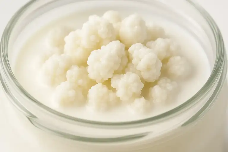 Close-up grãos kefir tradicionais vivos brancos cremosos em tigela vidro com kefir - culturas probióticas autênticas ancestrais microorganismos benéficos