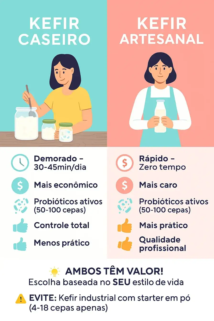Infográfico comparativo kefir caseiro versus artesanal: tempo dedicação custo probióticos qualidade profissional - escolha baseada estilo vida consumidor