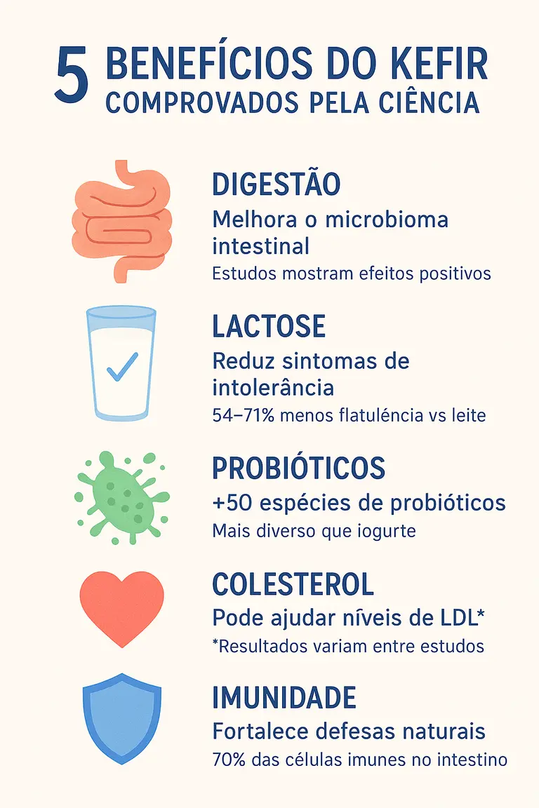 Infográfico com 5 benefícios do kefir comprovados pela ciência: melhora da digestão, microbioma intestinal equilibrado, redução da intolerância à lactose, probióticos diversos, apoio ao colesterol LDL e imunidade