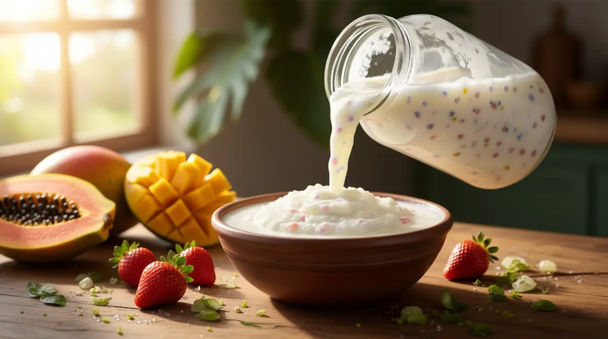 Kefir artesanal sendo servido em tigela de madeira com frutas tropicais como morango, mamão e manga – probióticos naturais produzidos diariamente em Brasília