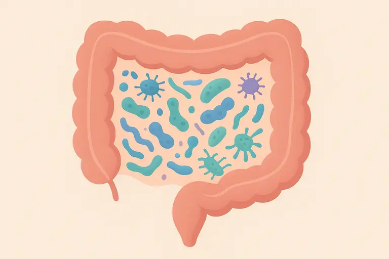Ilustração do intestino humano com microbioma intestinal saudável mostrando probióticos e bactérias benéficas associados ao consumo de kefir artesanal