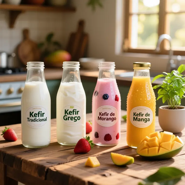 Linha completa Kefir da Mãe: kefir tradicional natural, kefir tipo grego cremoso, kefir de morango e kefir de manga – produtos artesanais feitos em Brasília