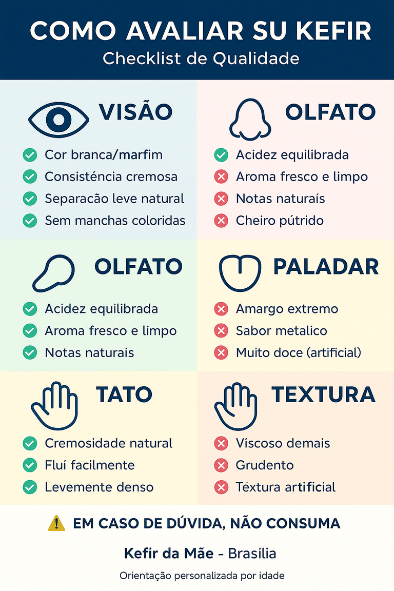 Checklist completo para avaliar kefir: visão, olfato, paladar, tato e textura - sinais positivos e negativos de qualidade do kefir artesanal