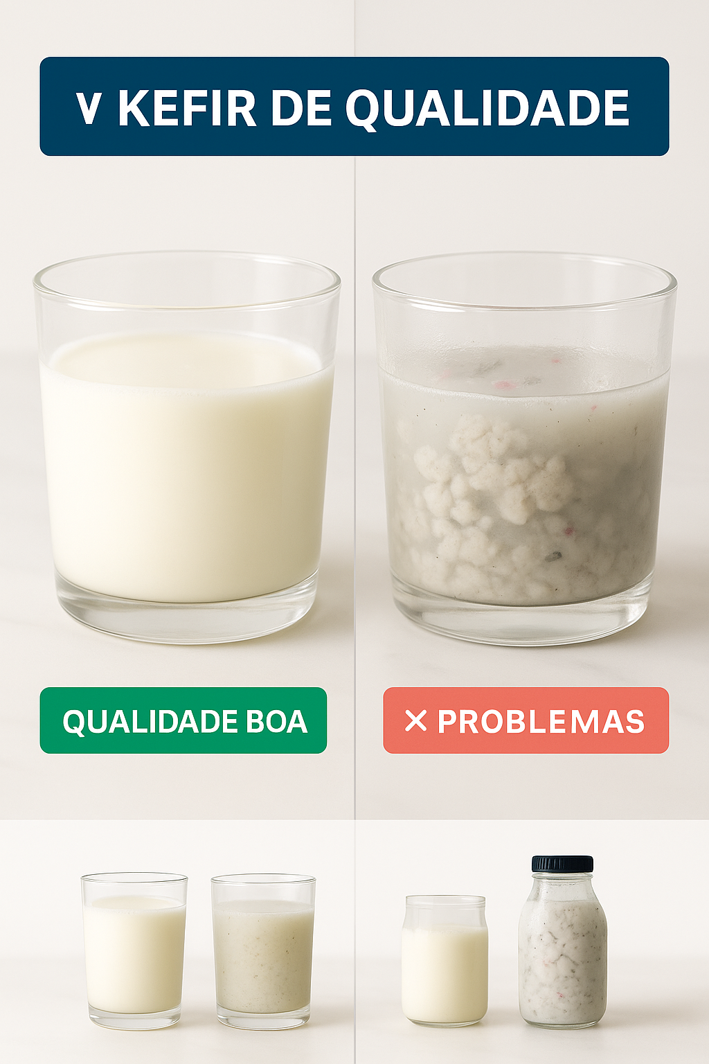 Comparação visual de kefir de qualidade (cremoso branco) versus kefir com problemas (grumos) - guia prático para reconhecer kefir artesanal bom
