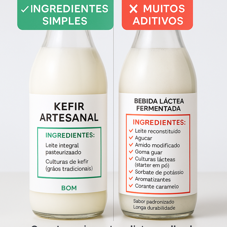 Comparação de rótulos: kefir artesanal com ingredientes simples (leite e culturas) versus bebida láctea fermentada com aditivos e conservantes