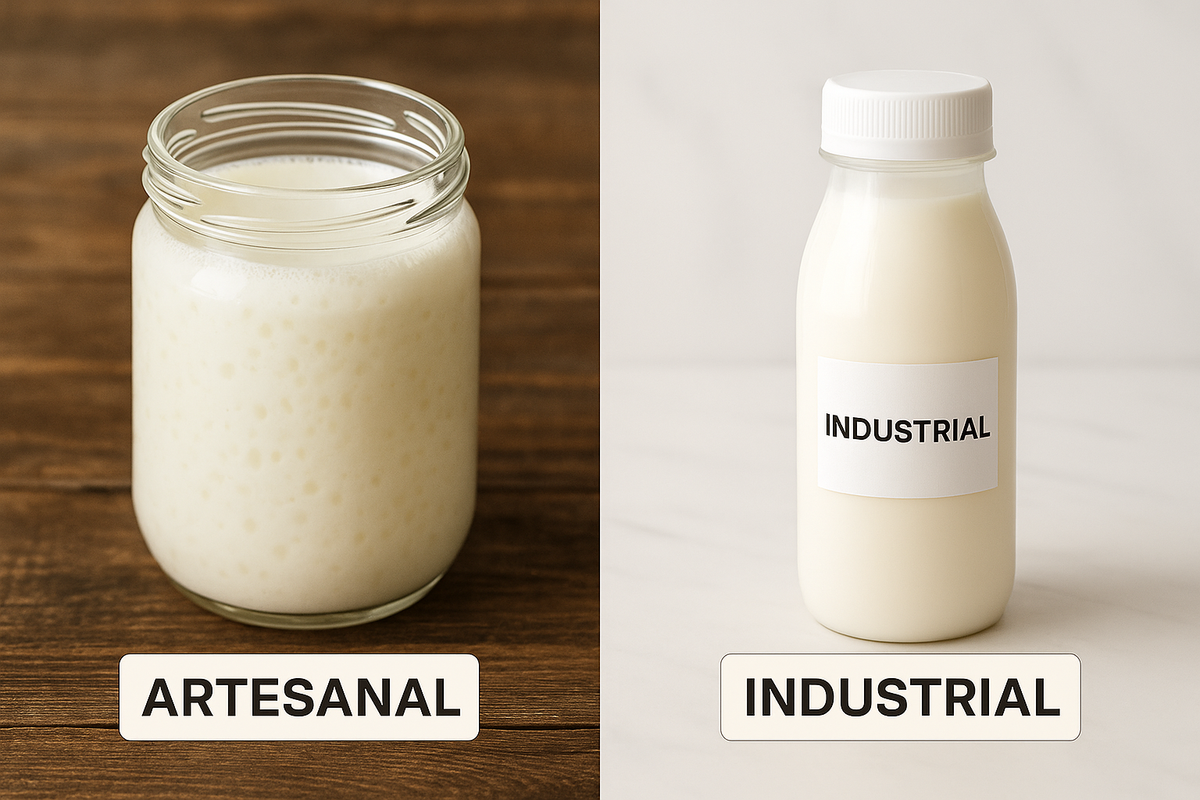 Comparação visual kefir artesanal pote vidro rústico madeira versus industrial garrafa plástica branca rótulo fundo claro - diferenças produção tradicional comercial