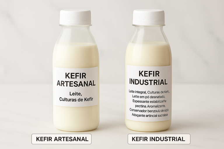 Duas garrafas kefir comparação rótulos: artesanal leite culturas kefir simples, industrial lista longa leite culturas espessante pectina conservantes aditivos artificiais sucralose