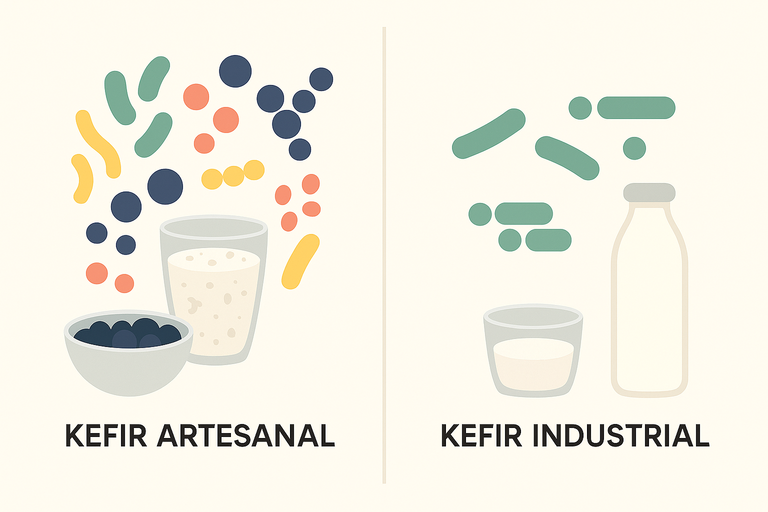 Infográfico diversidade microbiana: kefir artesanal múltiplas bactérias coloridas variadas complexas, kefir industrial poucas bactérias simples padronizadas - diferença composição probiótica