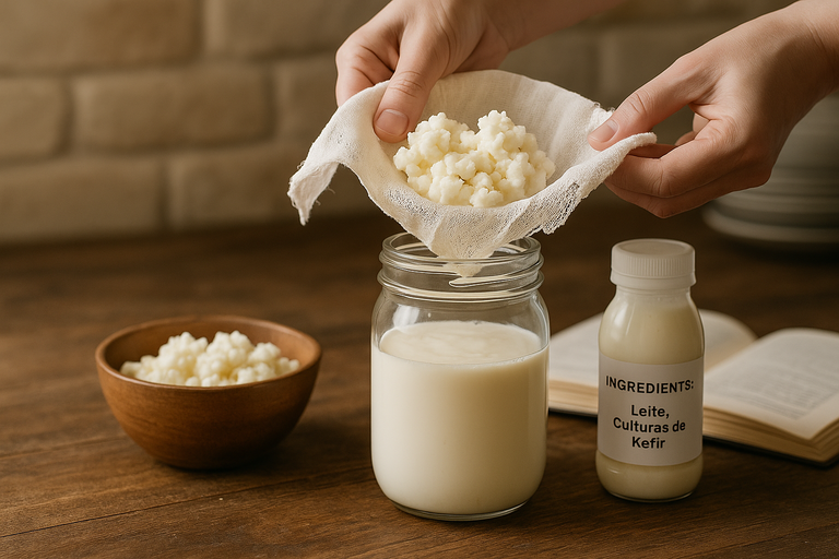 Mãos coando grãos kefir brancos através pano voile sobre pote vidro aberto mesa madeira tigela grãos garrafa ingredientes - processo artesanal tradicional natural caseiro