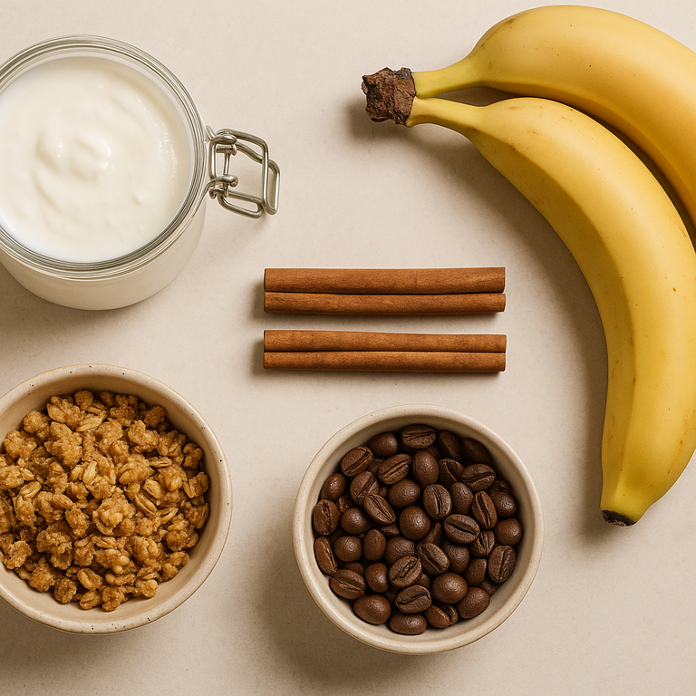Ingredientes gelato kefir: pote kefir branco cremoso, bananas maduras, paus canela, tigelas granola e grãos café sobre superfície clara flat lay minimalista