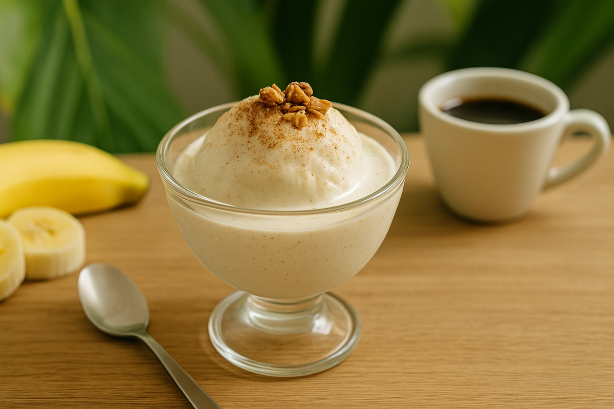 Taça elegante gelato kefir cremoso bege claro, nozes trituradas canela polvilhada, banana café ao lado sobre mesa madeira - sorvete probiótico natural caseiro