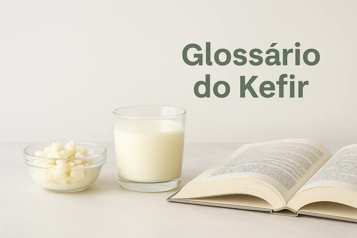 Glossário do Kefir educacional com grãos de kefir em tigela, copo kefir cremoso e livro aberto sobre mesa neutra - guia completo termos e conceitos