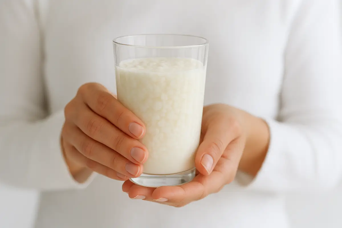 Mulher segurando copo de kefir artesanal natural - bebida probiótica para saúde digestiva, imunidade e bem-estar com mais de 50 espécies benéficas