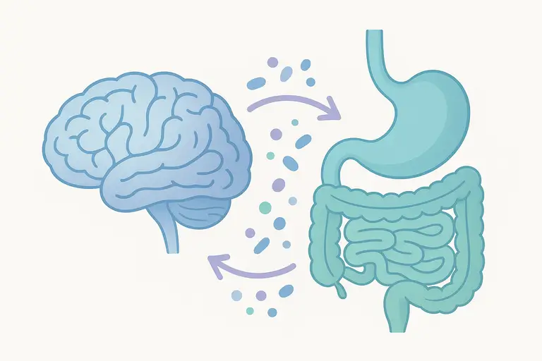  Ilustração científica eixo microbiota-intestino-cérebro - conexão entre probióticos do kefir, saúde intestinal e bem-estar mental através de neurotransmissores