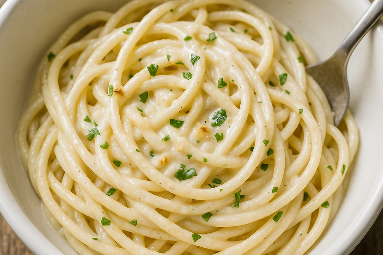 Close-up macarrão spaghetti cremoso envolvido em molho kefir aveludado, salsinha verde fresca polvilhada, garfo ao lado - textura sedosa e apetitosa
