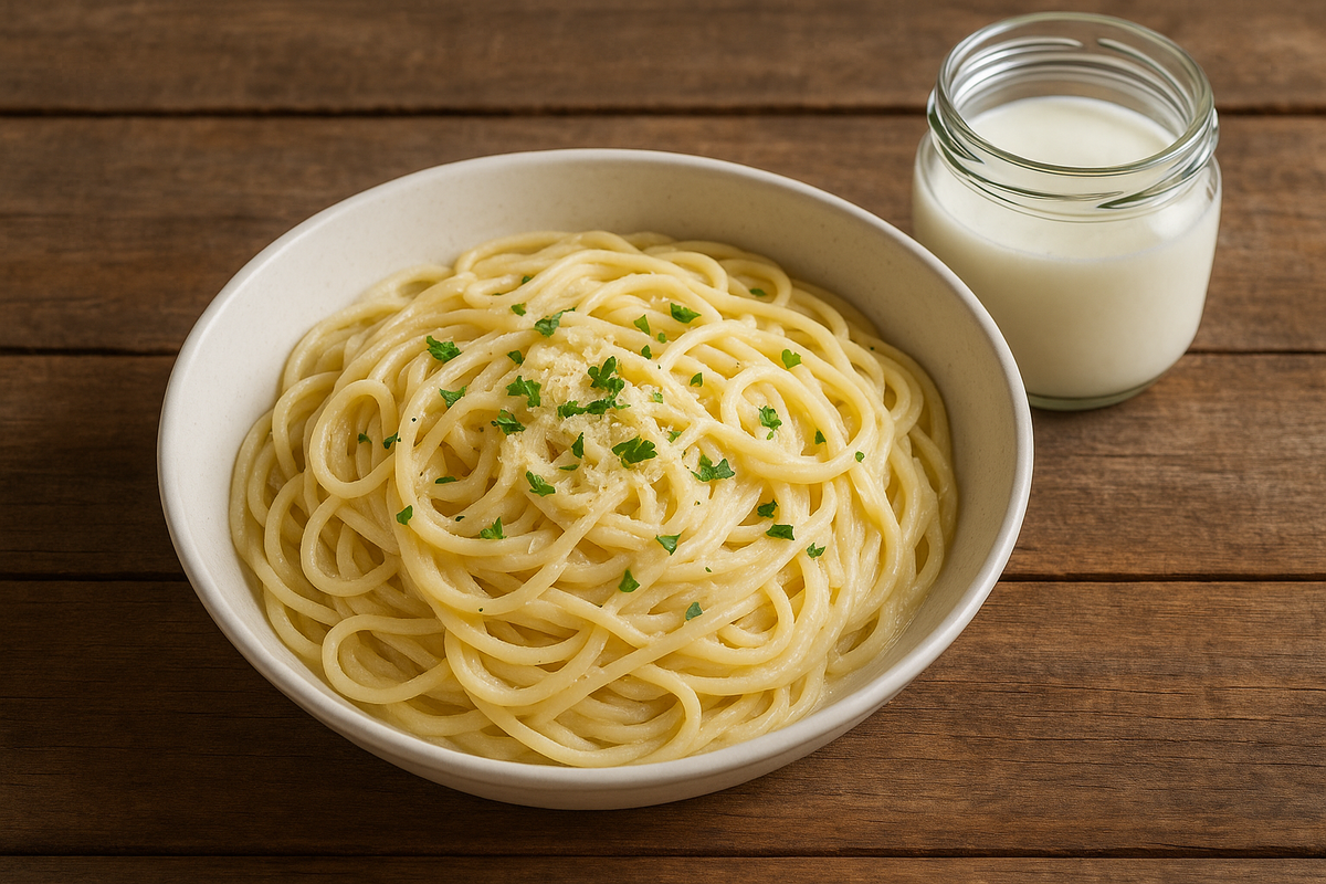 Prato macarrão cremoso com kefir e alho dourado, salsinha verde polvilhada, ao lado de pote vidro kefir natural sobre mesa madeira rústica clara