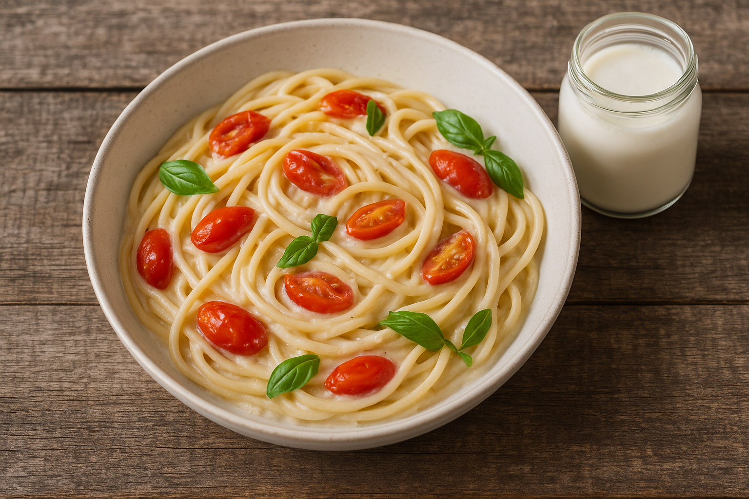 Prato de macarrão cremoso com kefir, tomatinhos frescos vermelhos e manjericão verde, ao lado de pote de kefir natural sobre mesa de madeira rústica