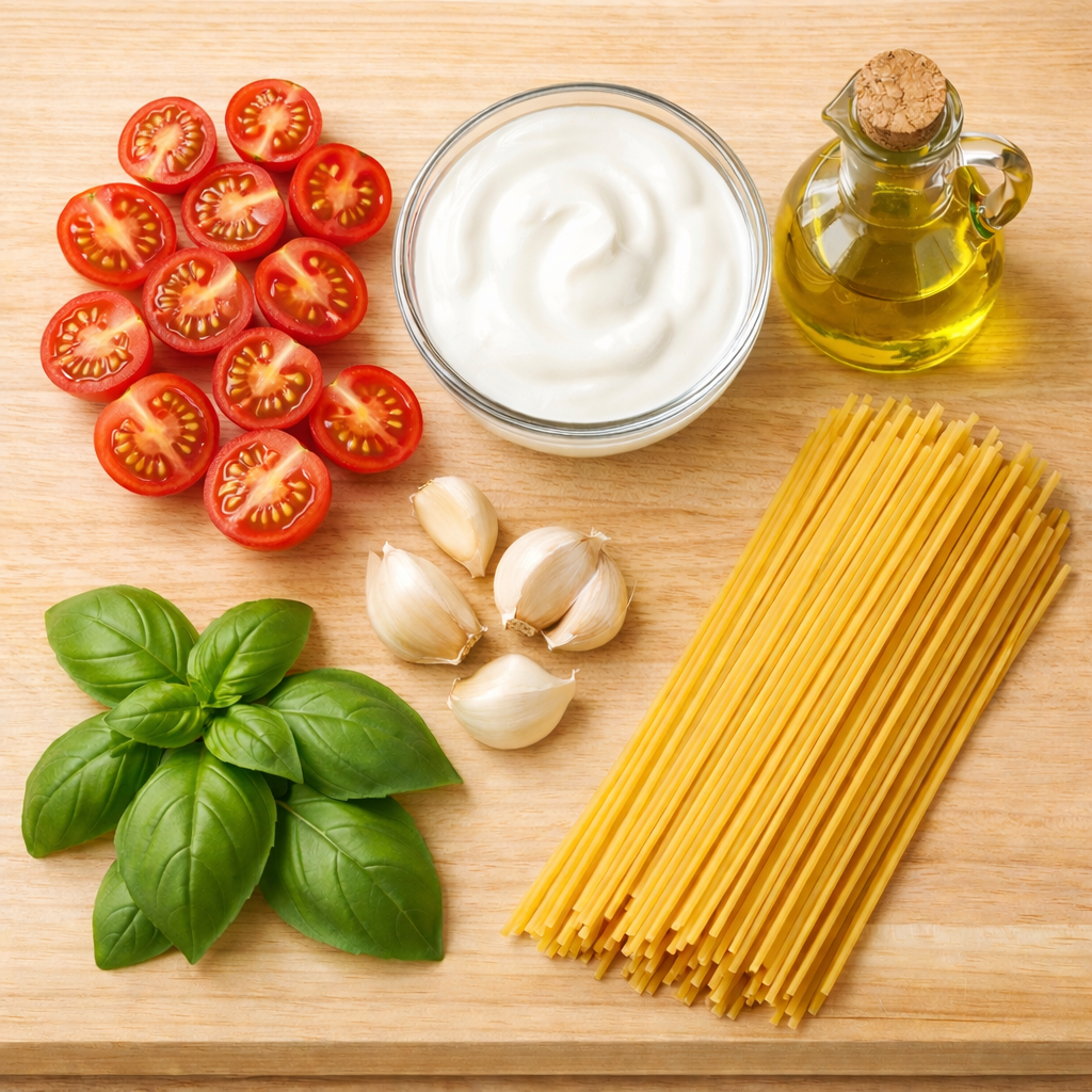 Ingredientes frescos para macarrão com kefir: tomatinhos cereja cortados, tigela kefir cremoso, manjericão verde, alho, azeite sobre tábua madeira clara