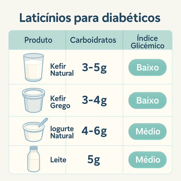 Tabela comparativa de laticínios para diabéticos mostrando carboidratos e índice glicêmico: kefir natural tem 3-5g carboidratos e baixo IG