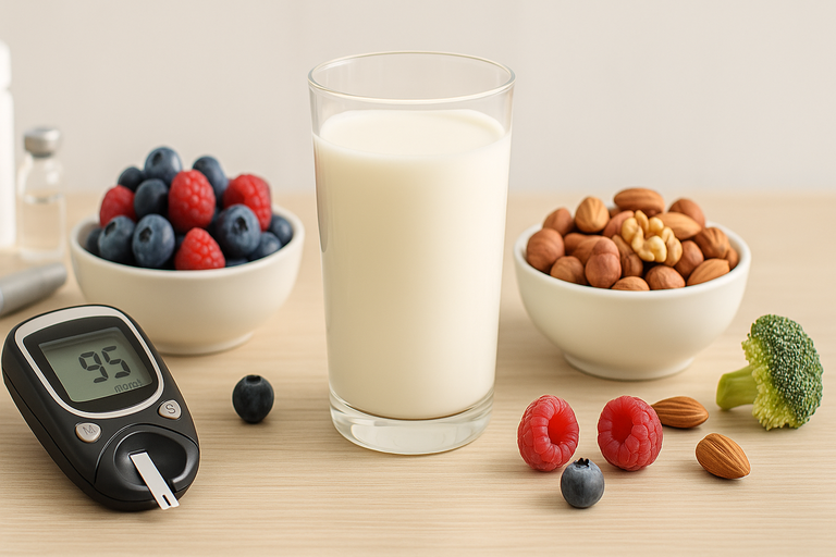 Kefir natural com medidor de glicemia, frutas vermelhas e oleaginosas - alimentação saudável para controle de diabetes tipo 2 em Brasília