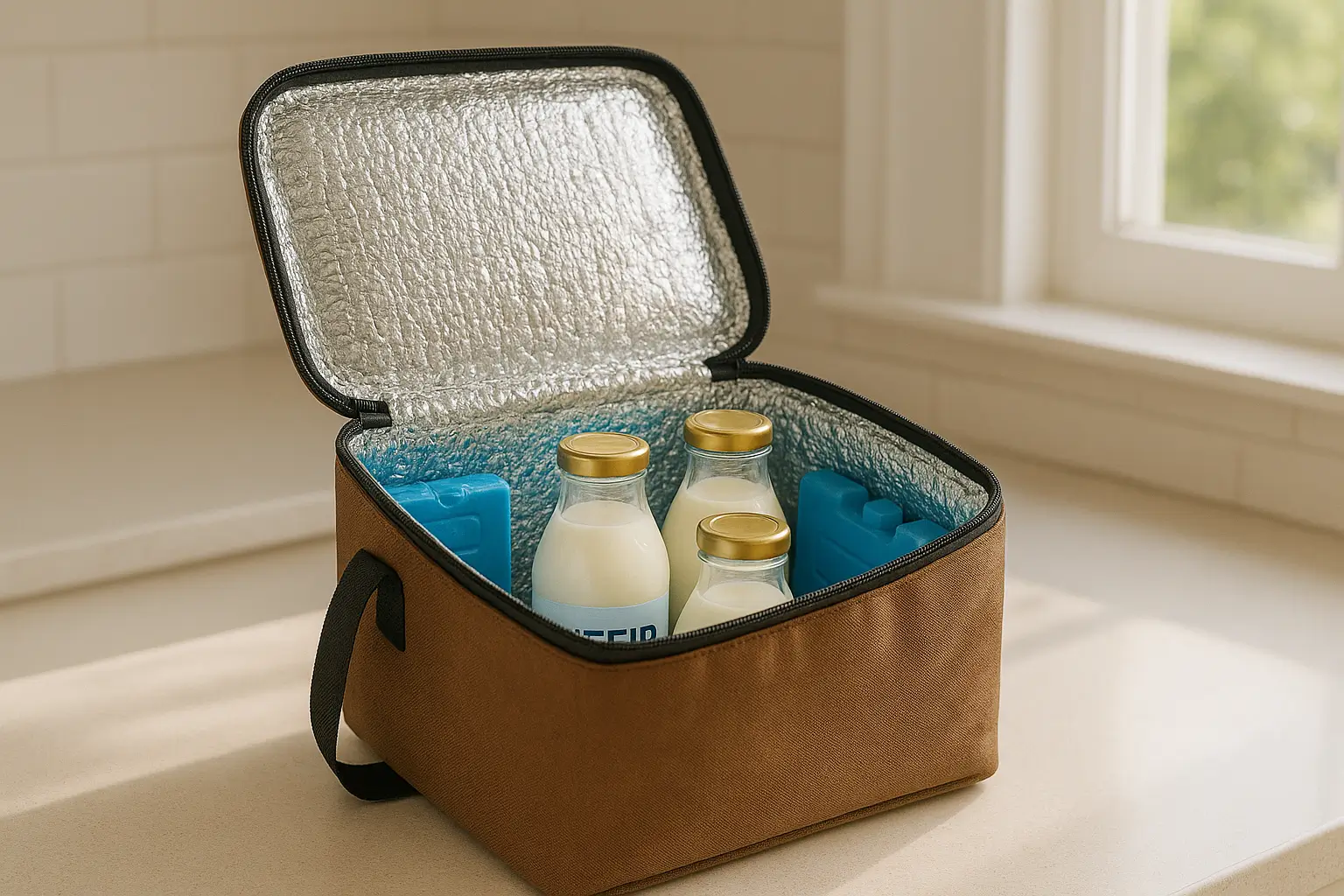 Bolsa térmica aberta com frascos kefir artesanal tampas douradas e ice packs azuis sobre bancada - entrega refrigerada produtos frescos Brasília