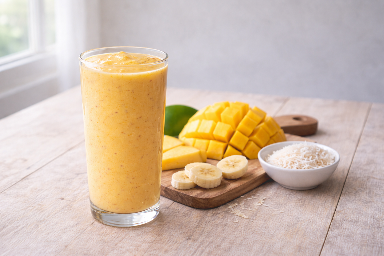 Copo alto smoothie tropical cremoso cor amarelo-laranja kefir manga banana, frutas tropicais ao lado sobre mesa clara - bebida probiótica refrescante tropical