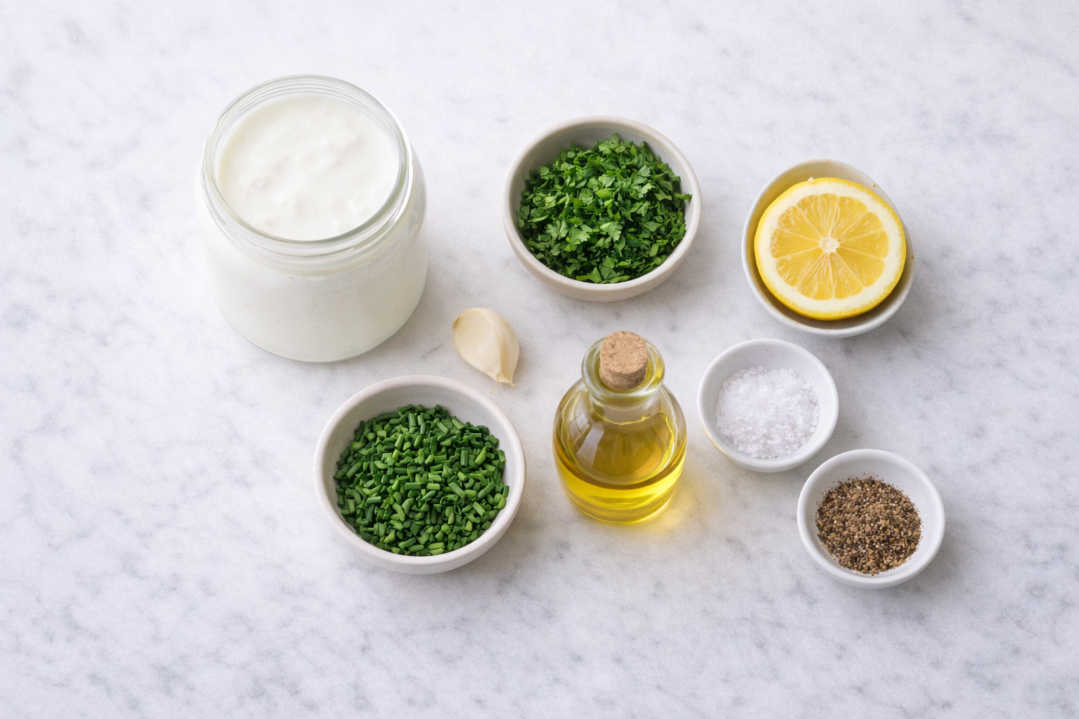 Ingredientes molho ranch: jarra kefir branco, tigelas salsinha cebolinha verde fresca, dente alho, limão cortado, azeite sobre mármore claro minimalista