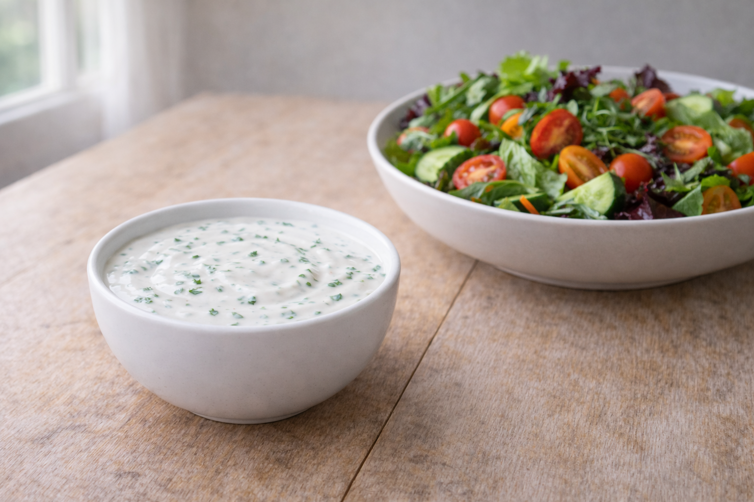 Tigela branca molho ranch cremoso kefir com ervas verdes salsinha cebolinha, sobre salada fresca colorida mesa madeira - molho probiótico natural caseiro