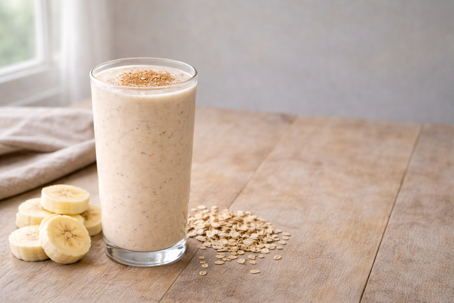 Copo alto vitamina energética cremosa bege claro kefir aveia, canela polvilhada, banana e aveia ao lado sobre mesa madeira - bebida probiótica nutritiva
